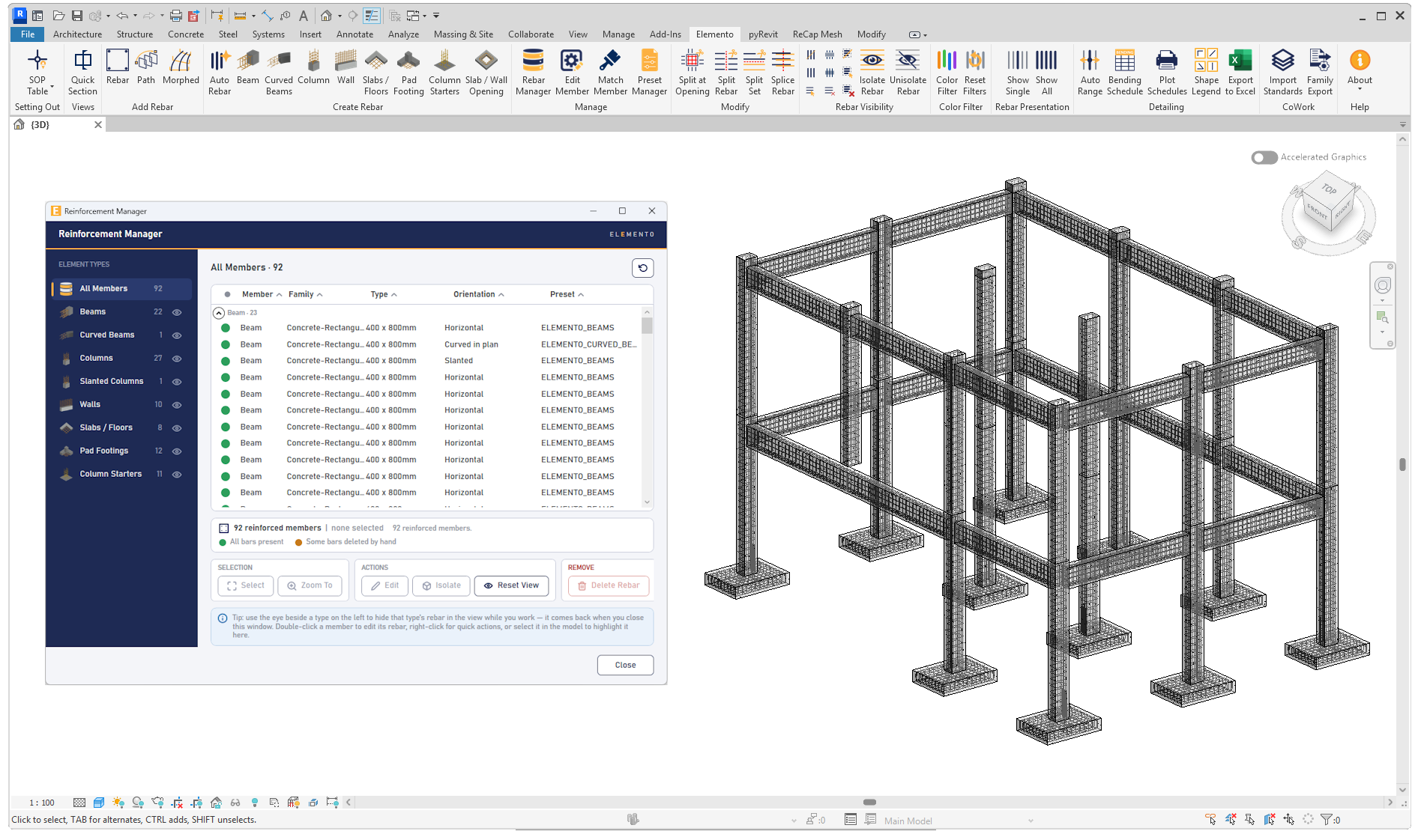 The Elemento tab in Revit with the Reinforcement Manager open over a reinforced concrete frame, listing 92 reinforced members by type